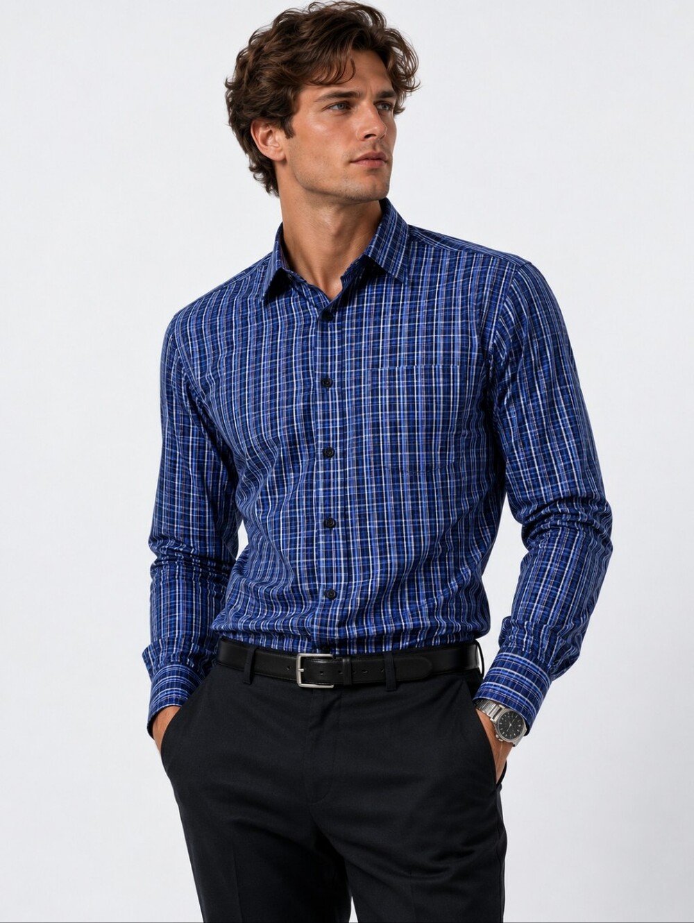 UNTUCKit Mens Medium Blue Plaid Button Up Shirt Slim Fit Wrinkle Free Casual